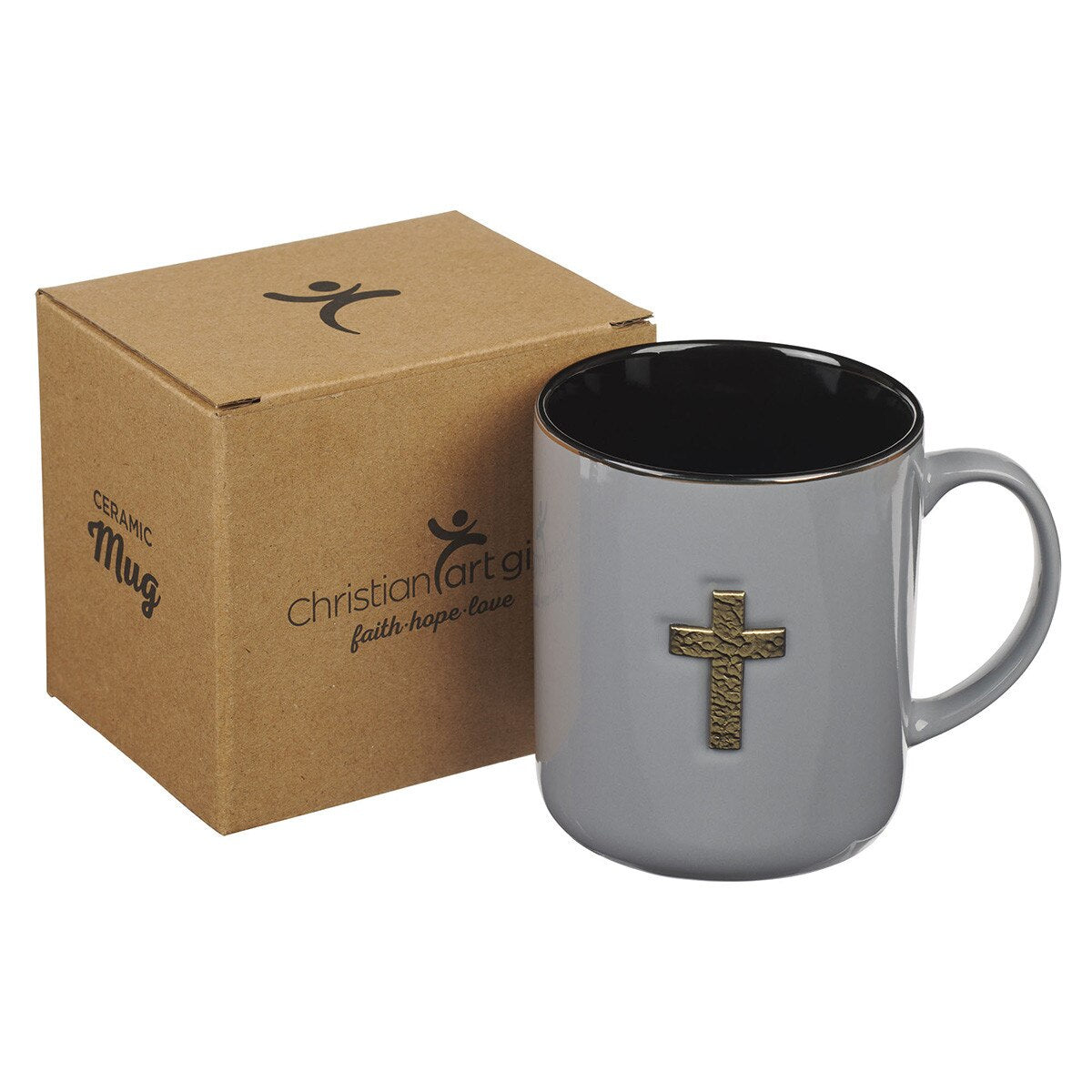 Grey Ceramic Coffee Mug with Metal Cross Inlay