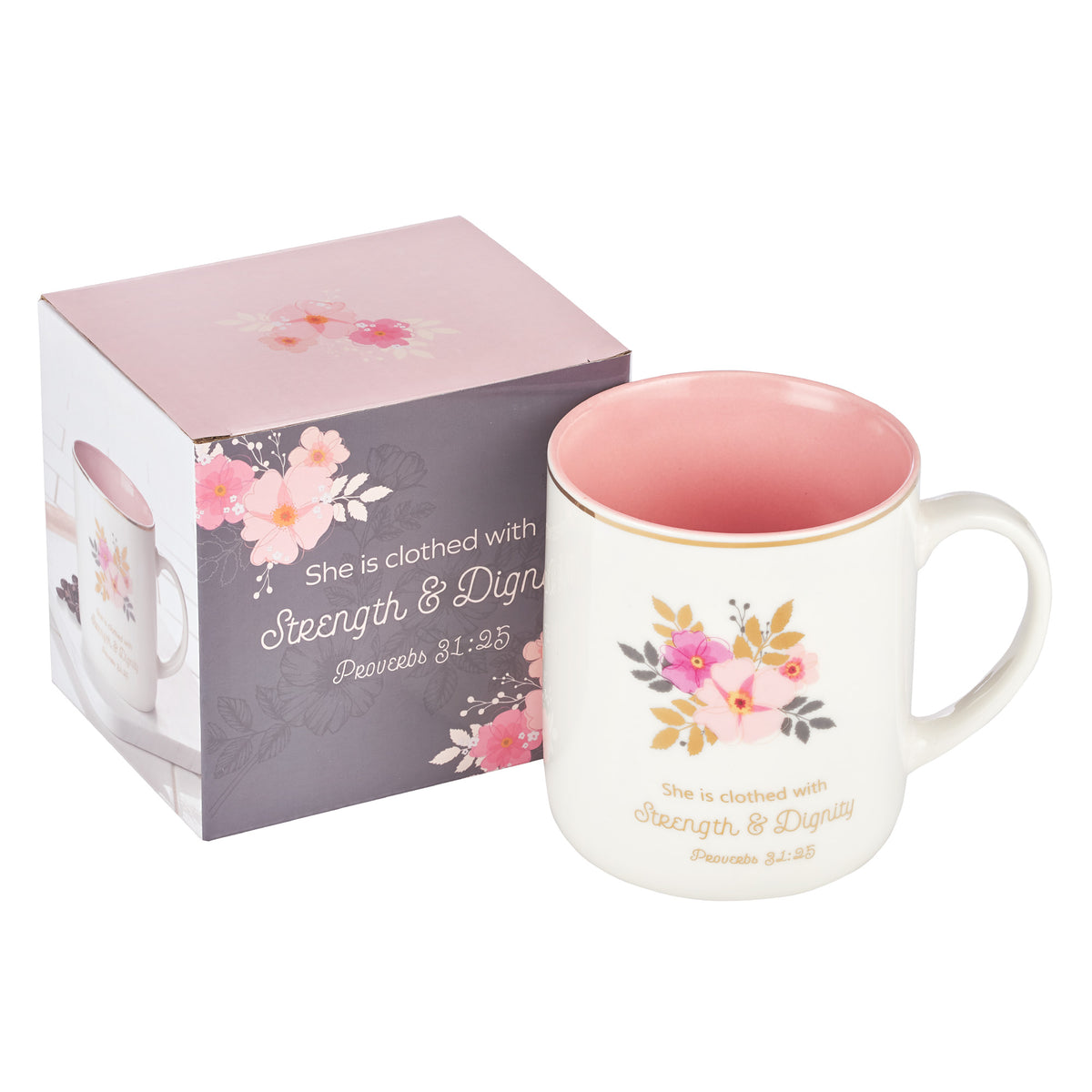 Strength and Dignity Pink Butterfly Garden Ceramic Coffee Mug with Exposed  Clay Base - Proverbs 31:25