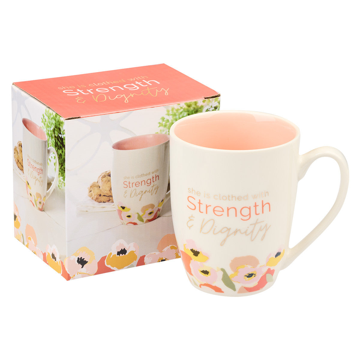 Strength and Dignity Pink Butterfly Garden Ceramic Coffee Mug with Exposed  Clay Base - Proverbs 31:25