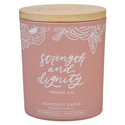 Strength and Dignity Grapefruit Scented Candle in a Peach Glass Jar- Proverbs 31:25