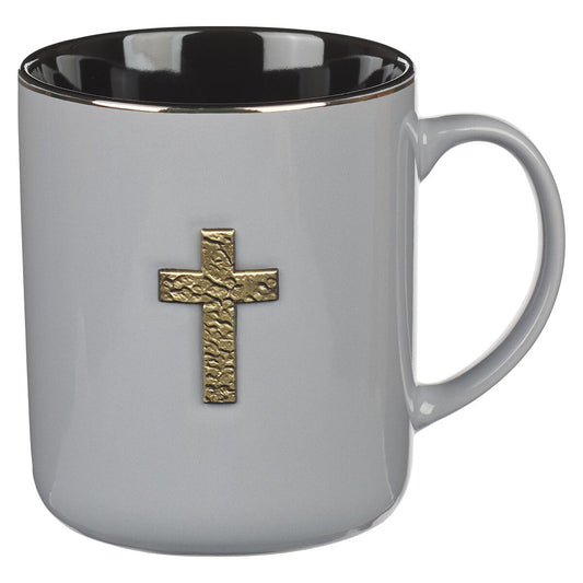 Grey Ceramic Coffee Mug with Metal Cross Inlay