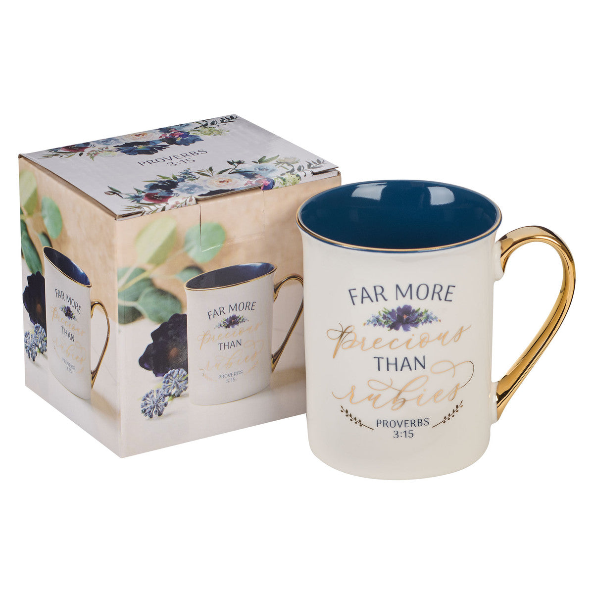More Precious than Rubies White and Blue Ceramic Coffee Mug - Proverbs 3:15