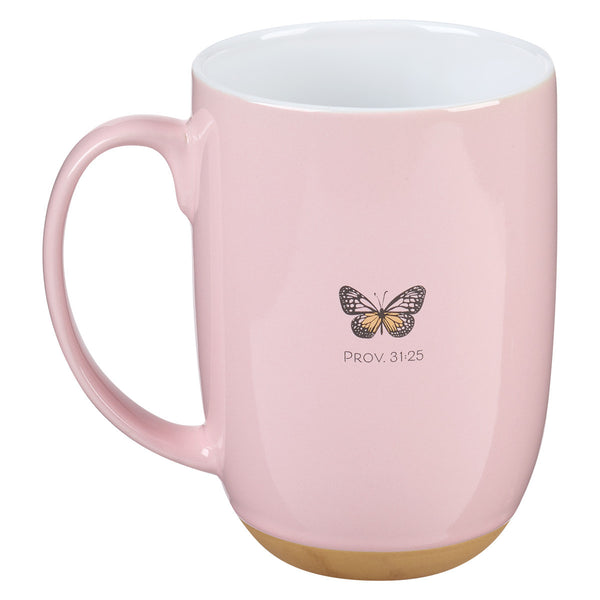 Strength and Dignity Pink Butterfly Garden Ceramic Coffee Mug with Exposed Clay Base - Proverbs 31:25