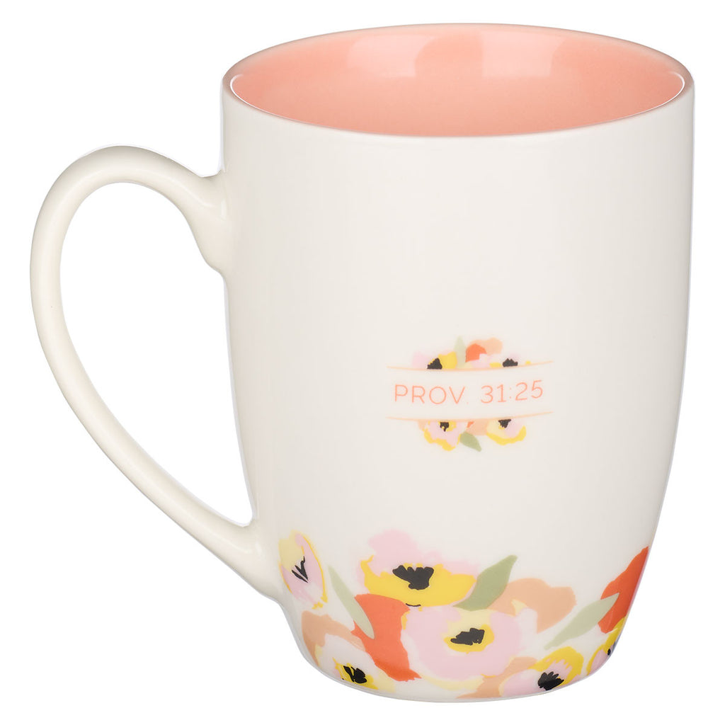 Strength and Dignity Pink Butterfly Garden Ceramic Coffee Mug with Exposed  Clay Base - Proverbs 31:25