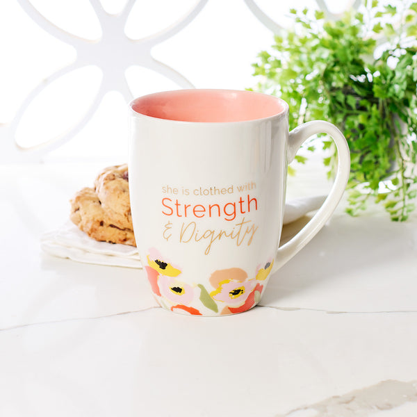 Strength & Dignity Peach Poppy Ceramic Mug - Proverbs 31:25