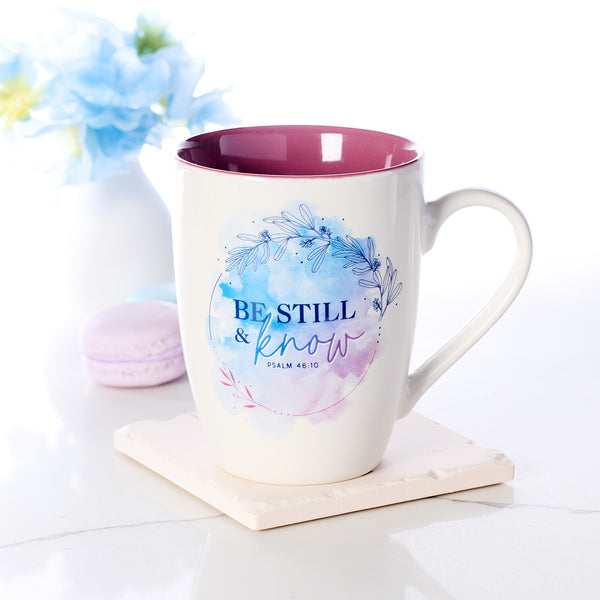 Be Still Mauve Watercolour Ceramic Coffee Mug - Psalm 46:10