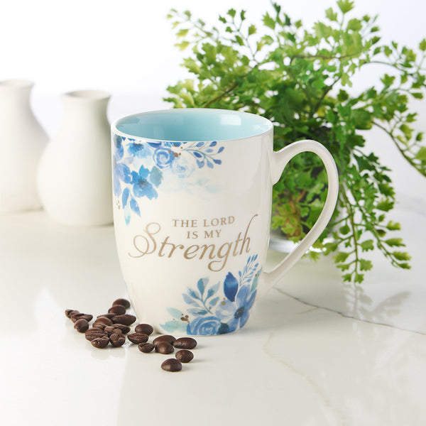 The Lord is My Strength Blue Floral Ceramic Coffee Mug - Psalm 28:7