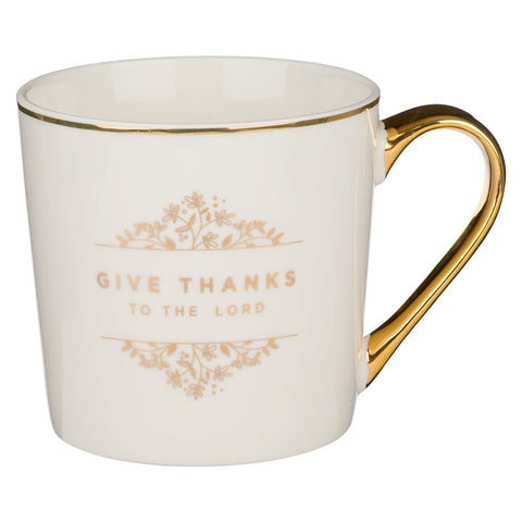 Give Thanks to the LORD White and Gold Ceramic Coffee Mug - Psalm 106:1