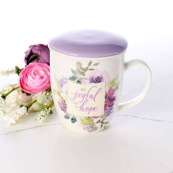 Be Joyful in Hope Lilac Lidded Ceramic Coffee Mug - Romans 12:12