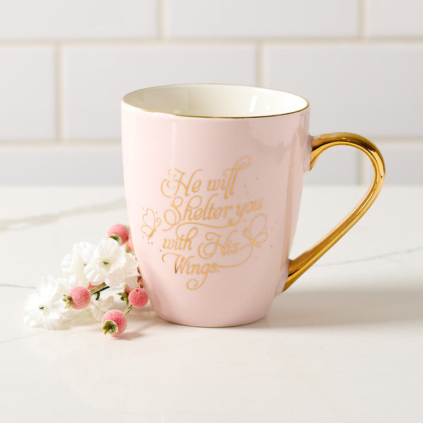 Shelter You Pink and Gold Ceramic Mug - Psalm 91:4